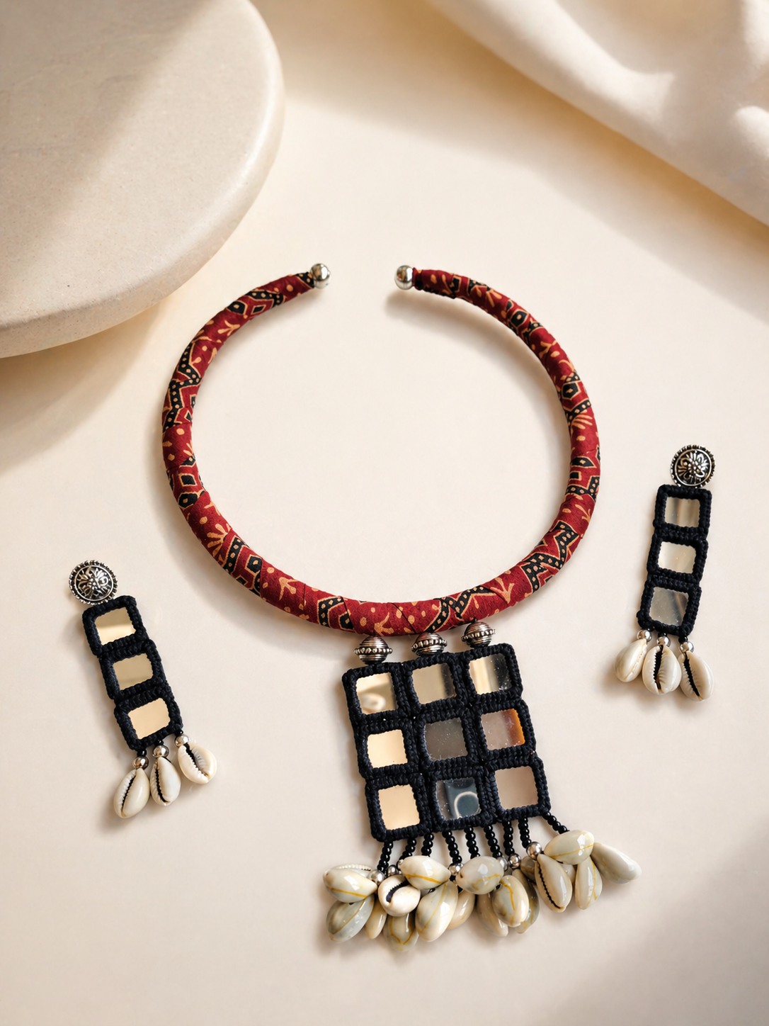 Navratri Hasli Necklace | Designer Gujarati Garba Jewellery | Mirror Work & Thread Work Necklace Set | Traditional Ethnic Jewellery for Navratri & Garba
