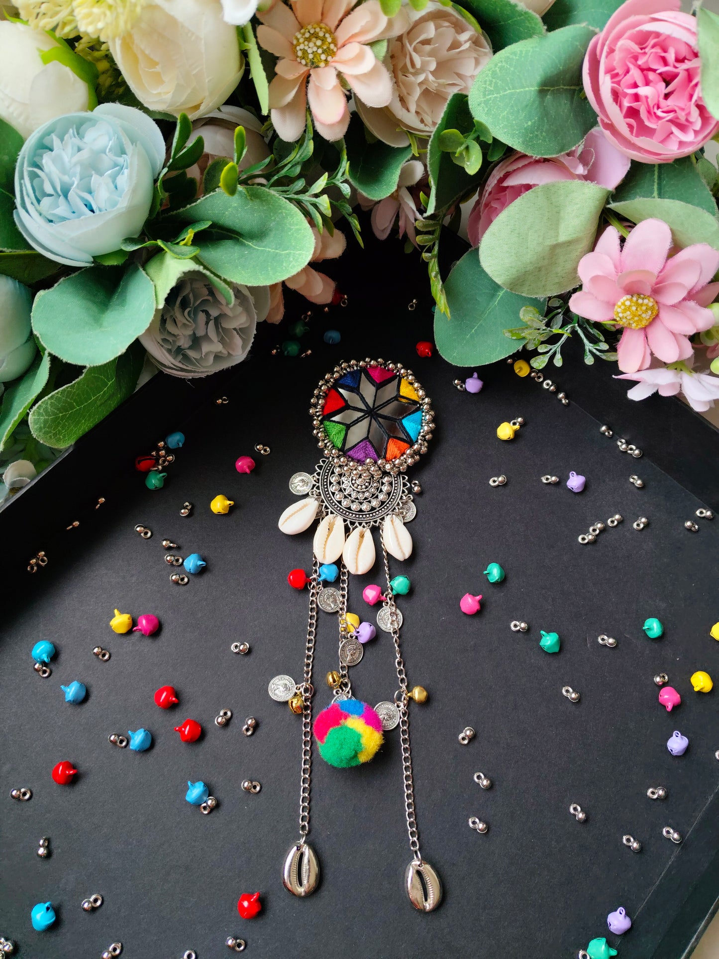 Handmade Navratri Hair Accessories for Women | Traditional Mirror Work Hair Brooch & Boho Hair Jewellery