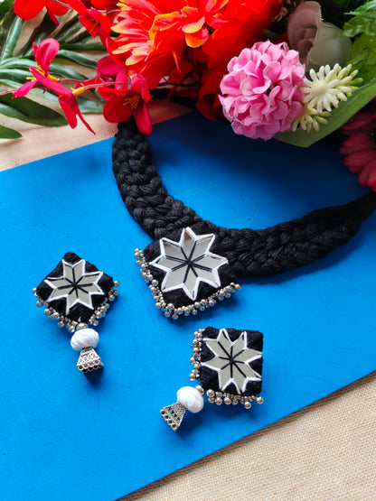 Divine Jewellery Handmade Black Thread Mirror Work Choker Necklace Set for Women | Ethnic Boho Tribal Statement Jewellery with Matching Earrings | Navratri, Garba, Festive & Traditional Wear