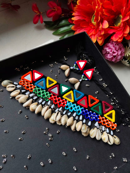 Navratri Mirror Work Cowrie Shell Jewellery Set | Traditional Gujarati Garba Jewellery | Handcrafted Navratri Choker Necklace & Earrings