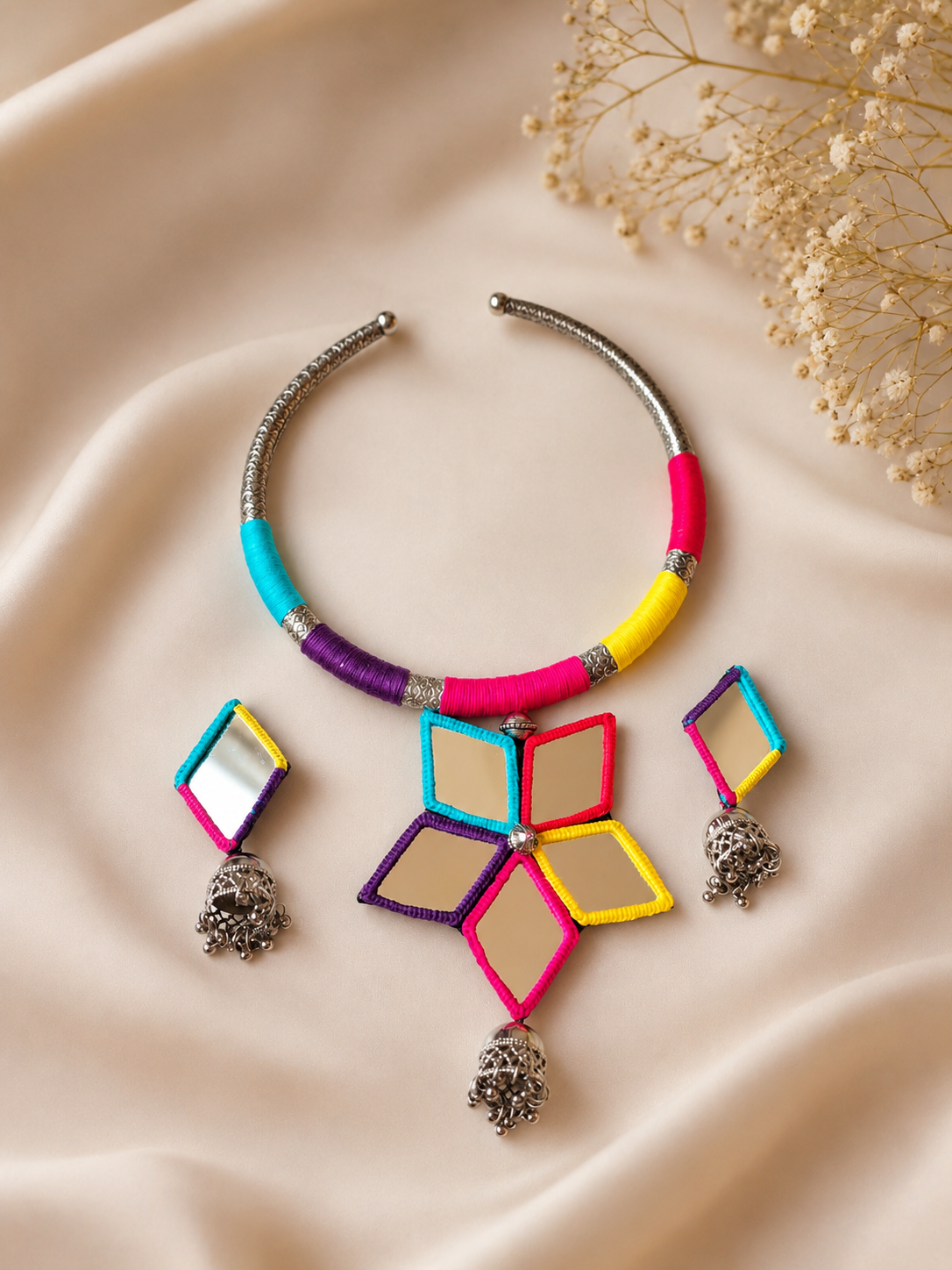 Navratri Hasli Necklace | Designer Gujarati Garba Jewellery | Mirror Work & Thread Work Necklace Set | Traditional Ethnic Jewellery for Navratri & Garba