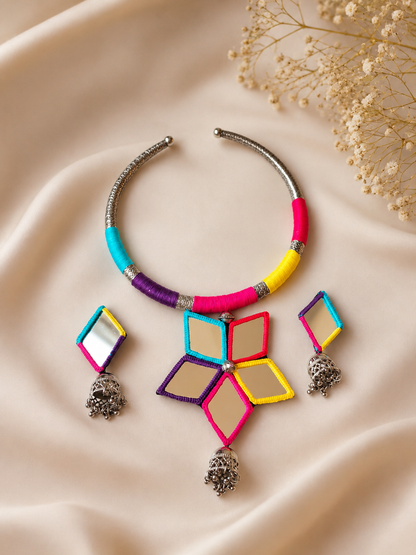 Navratri Hasli Necklace | Designer Gujarati Garba Jewellery | Mirror Work & Thread Work Necklace Set | Traditional Ethnic Jewellery for Navratri & Garba