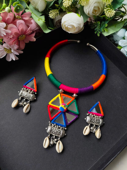 Navratri Special Hasli Necklace | Designer Gujarati Garba Jewellery | Mirror Work & Thread Work Necklace Set | Traditional Ethnic Jewellery for Navratri & Garba