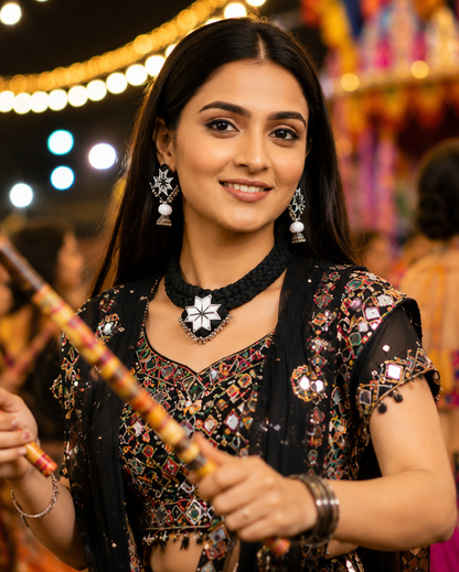 Divine Jewellery Handmade Black Thread Mirror Work Choker Necklace Set for Women | Ethnic Boho Tribal Statement Jewellery with Matching Earrings | Navratri, Garba, Festive & Traditional Wear