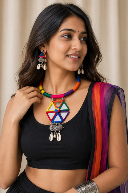 Navratri Special Hasli Necklace | Designer Gujarati Garba Jewellery | Mirror Work & Thread Work Necklace Set | Traditional Ethnic Jewellery for Navratri & Garba