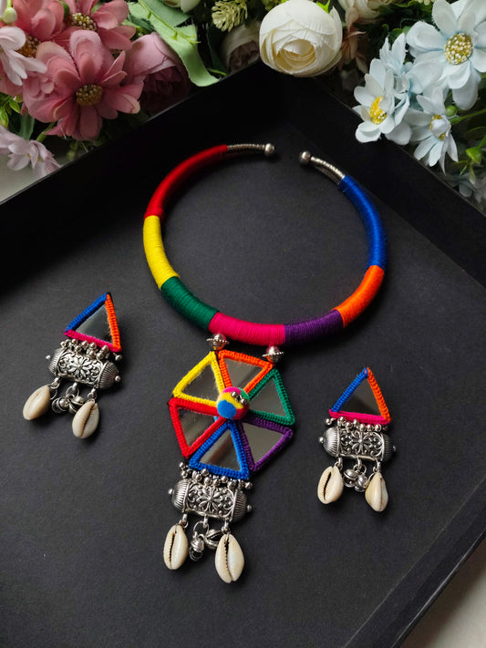 Navratri Special Hasli Necklace | Designer Gujarati Garba Jewellery | Mirror Work & Thread Work Necklace Set | Traditional Ethnic Jewellery for Navratri & Garba
